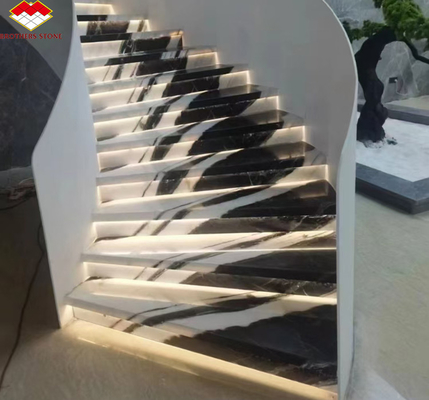 Fácil Instalação Escadas de mármore branco Panda com design moderno e luzes de parede LED