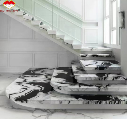 Escadas de mármore branco Panda personalizadas de pedra natural para o design de escadas retas