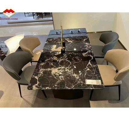 Moderna Polished Black Rose Marble Big Slab Mesa de Jantar Conjunto para Villa e Hotel Design