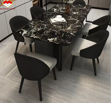 Moderna Polished Black Rose Marble Big Slab Mesa de Jantar Conjunto para Villa e Hotel Design