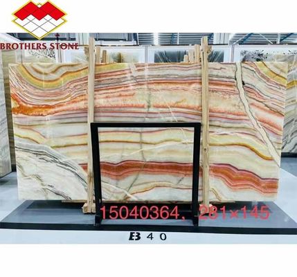 Design de mobiliário de mesa de hotel com pedra natural Rainbow Bookmatched Onyx Marble Slab