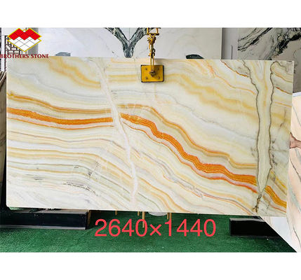 Design de mobiliário de mesa de hotel com pedra natural Rainbow Bookmatched Onyx Marble Slab