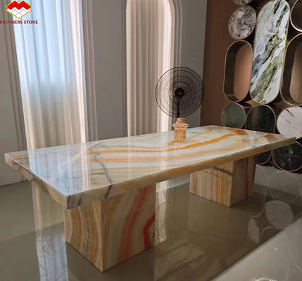 Design de mobiliário de mesa de hotel com pedra natural Rainbow Bookmatched Onyx Marble Slab