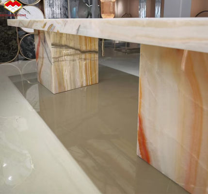 Design de mobiliário de mesa de hotel com pedra natural Rainbow Bookmatched Onyx Marble Slab