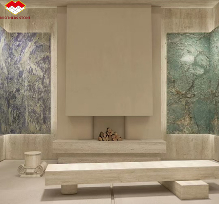 Material moderno Travertino bege com pedra natural bem polida para telhas de revestimento de parede