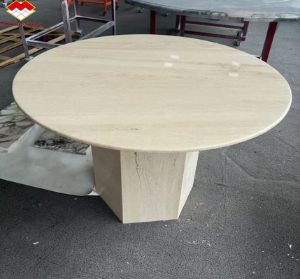 Tabela de jantar de travertino redonda e bege polida Mobiliário de pedra moderna para sala de estar