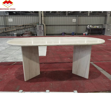 Hotéis Mesa de jantar polida de travertino de mármore Mobiliário oval de pedra natural moderno