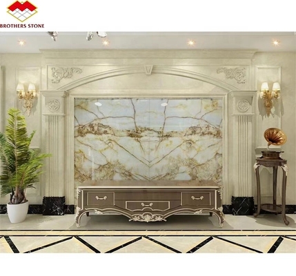 Lâmina de mármore de ônix branco translúcido de luxo polido cortado ao tamanho para painel de arte de parede da villa