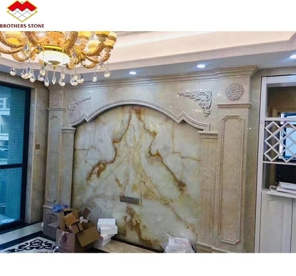 Lâmina de mármore de ônix branco translúcido de luxo polido cortado ao tamanho para painel de arte de parede da villa