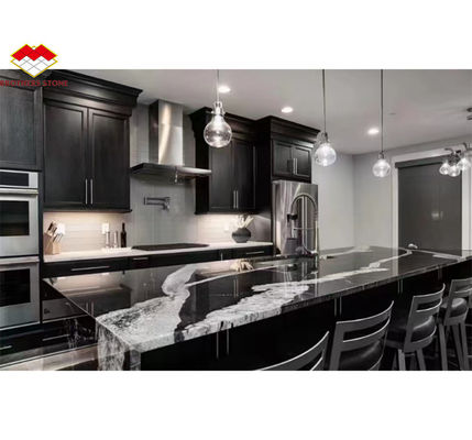 Escritório de cozinha preto moderno com armários de pedra Impressão de tinta de nome de mármore