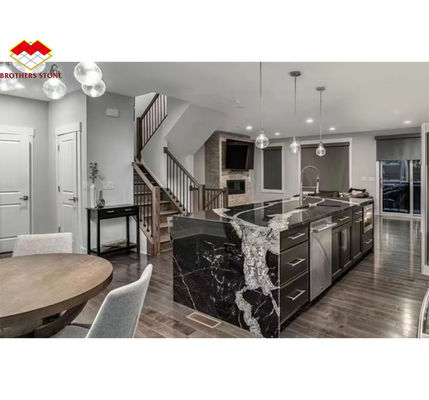 Escritório de cozinha preto moderno com armários de pedra Impressão de tinta de nome de mármore