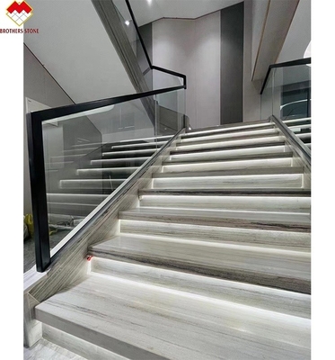 Veias de madeira escada de mármore branco com Led tamanho personalizado escada de mármore telhas de degrau com luz