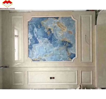 Placa de pedra de ônix azul natural translúcido para TV Painel de parede de fundo em azul dourado
