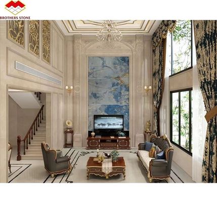 Placa de pedra de ônix azul natural translúcido para TV Painel de parede de fundo em azul dourado