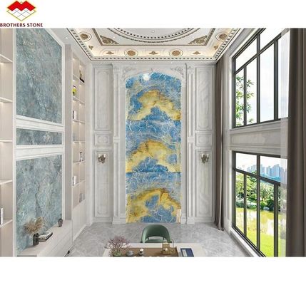 Placa de pedra de ônix azul natural translúcido para TV Painel de parede de fundo em azul dourado