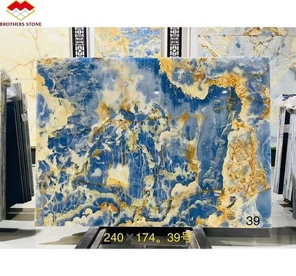 Placas de pedra de ónix azul-dourado Mármores translúcidos naturais para TV fundo painéis de parede