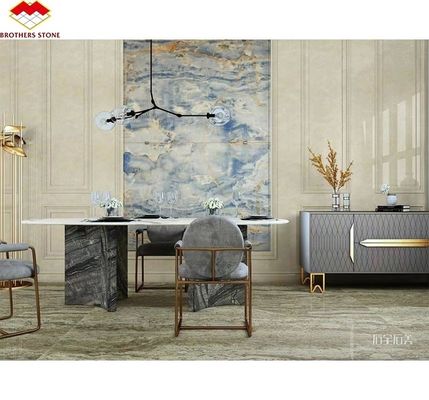 Placas de pedra de ónix azul-dourado Mármores translúcidos naturais para TV fundo painéis de parede