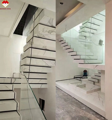 Desenho personalizado polido calacatta branco de mármore olhar porcelana telhas escadas sinterizadas de pedra fosco degraus e elevadores
