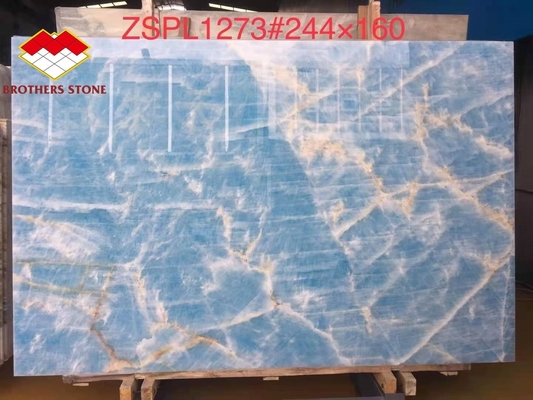 Marmoreiro azul claro jade ónix laje para customizado cortar em tamanho azulejos veias douradas