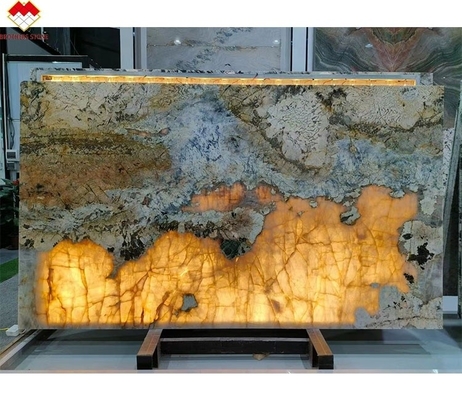 Modern Design Golden Supplier Backlit Polido Patagônia Pandora Quartzite Veneer Slab Cristal Branco Ónix Pedra Translúcida
