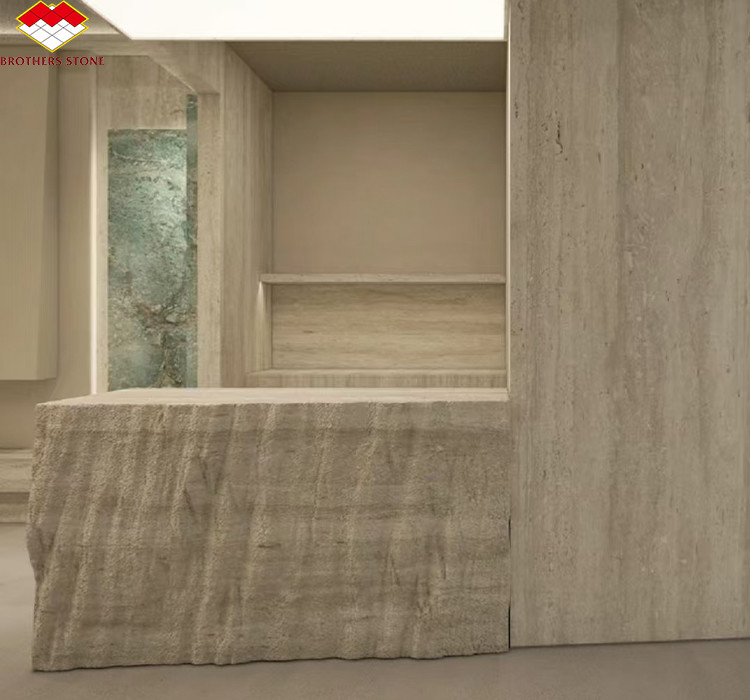 Material moderno Travertino bege com pedra natural bem polida para telhas de revestimento de parede