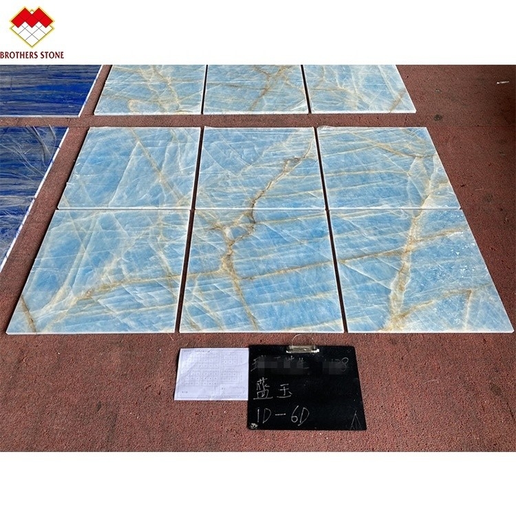 Marmoreiro azul claro jade ónix laje para customizado cortar em tamanho azulejos veias douradas